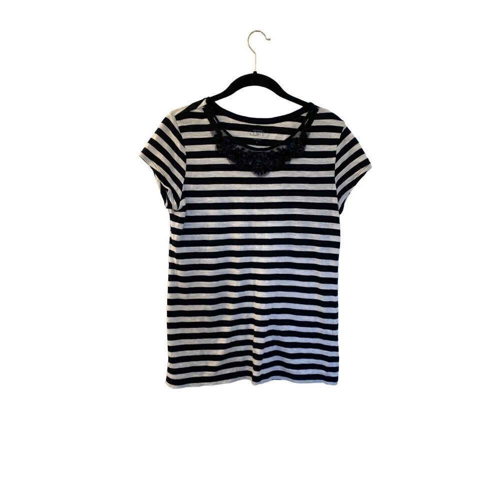 Loft women’s black and white striped tee with sequin floral detail size small 